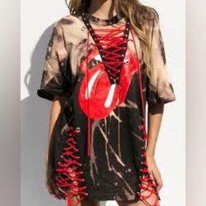 Rolling Stones Red and Black Lace-Up Graphic Mini Dress